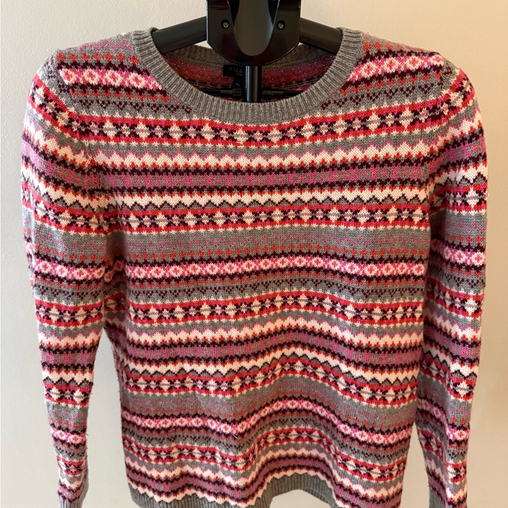 Talbots Women’s Pink and Gray Fair Isle Striped Sweater Size MP